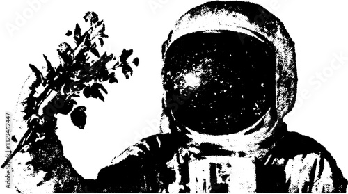 Astronaut holding a plant in a space setting. Vintage black and white vector illustration depicting exploration and environmental themes in a set.