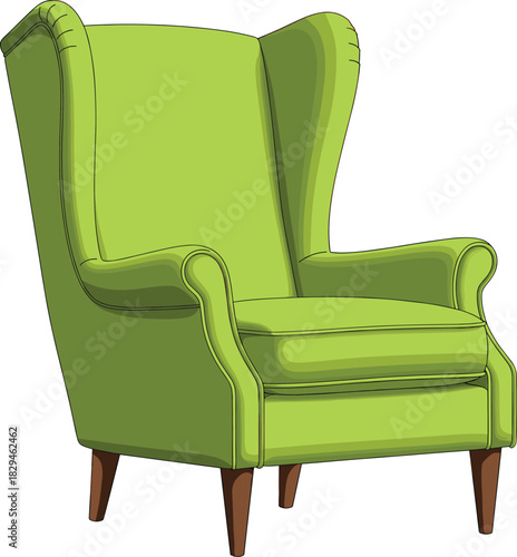 Bright Green Wingback Armchair Vector Illustration Featuring High Back, Upholstery Texture, and Wooden Legs for Modern Home Interior Design Accent.