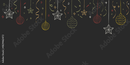 Hand drawn Festive doodle, Minimal line-art ornaments, and stars hang with playful curls and sparkles, creating a clean and festive holiday border. Christmas garland hanging balls, crayon doodle.