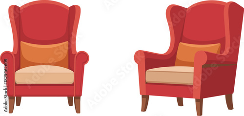 Classic Red Wingback Armchair Vector Illustration Set with Accent Pillow and Wooden Legs for Cozy Living Room Interior Design and Seating.
