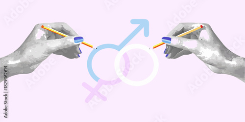Hands drawing gender symbols with pencils on light purple background