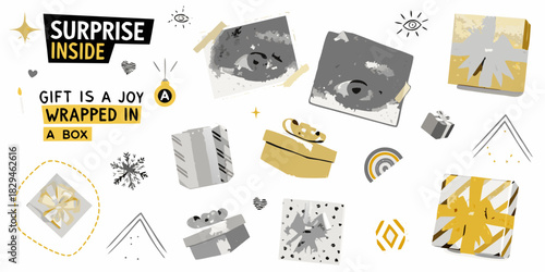Surprise inside gift giving illustration with presents and decorations
