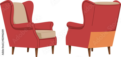 Classic Red Wingback Armchair Vector Illustration Set with Front and Back Views, Showing Upholstery, High Back, and Cozy Interior Furniture Design.
