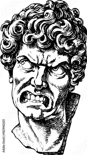 Angry human head sculpture illustration. Detailed black and white vector art depicting classical expression and hairstyle as a set.