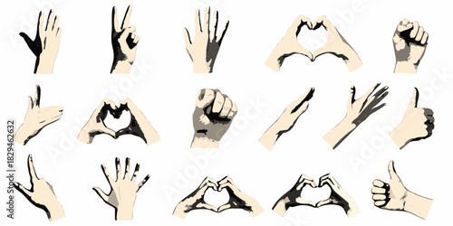Collection of hand gestures in vector illustration style on white background