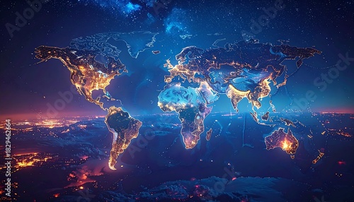 Glowing, ethereal world map with illuminated continents against a backdrop of deep blue sky and celestial starlight