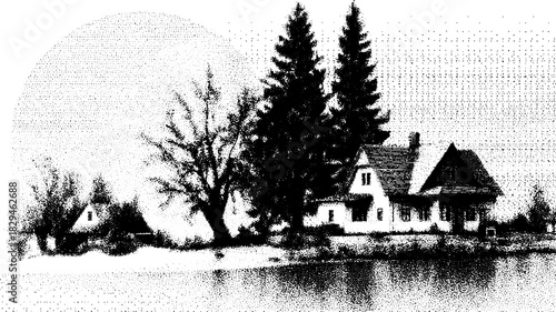 House and trees in silhouette style. Vintage vector illustration depicting a tranquil outdoor landscape by a river.