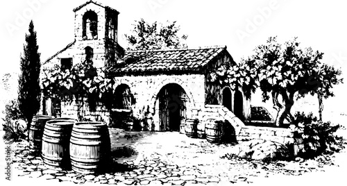 Illustration of a rustic cottage with trees and barrels. Detailed black and white vector set showcasing historical architecture and natural scenery.