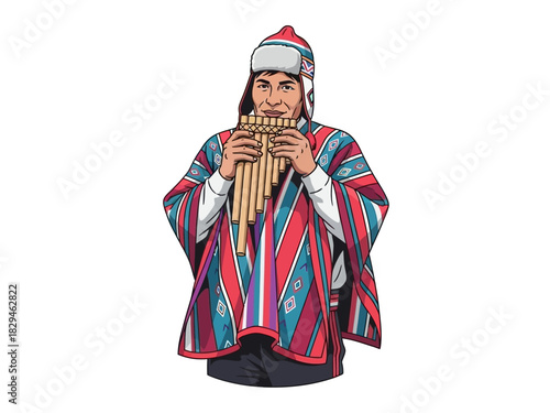 Andean Musician Playing Panpipes in Traditional Poncho and Hat