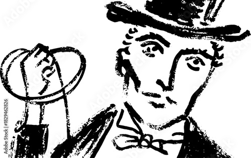A hand-drawn silhouette of a male figure in a classic outfit and hat. This vector illustration showcases an expressive gesture in a monochrome style.