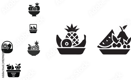 Flat black vector fruit container icon with pineapple guava and banana arranged in a compact silhouette.