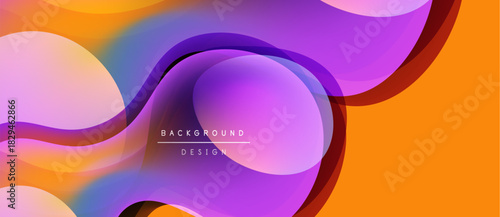 Abstract fluid shapes, vibrant colors blend. Purple, orange hues dominate design. Modern background texture, smooth gradients present.