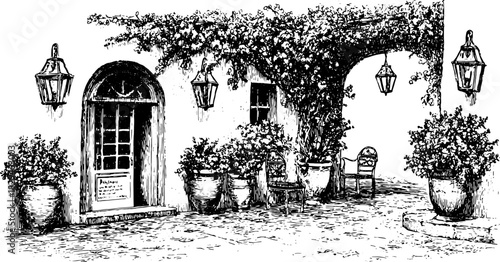 Cottage architecture with a garden. Detailed vector illustration featuring pots, lanterns, and furniture in a vintage set.