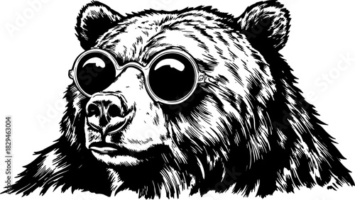 Engraved bear wearing sunglasses. Vintage silhouette vector illustration showcasing wildlife and nature in a unique outline design.
