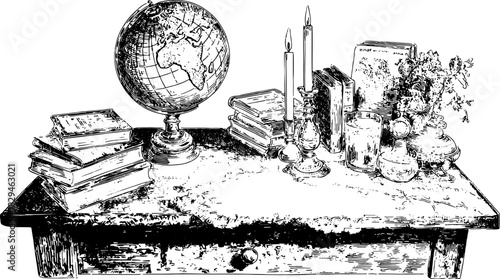 Vintage globe and stack of books on a table. This set features candles and decorative items in an intricate design, illustrated in a classic vector style.