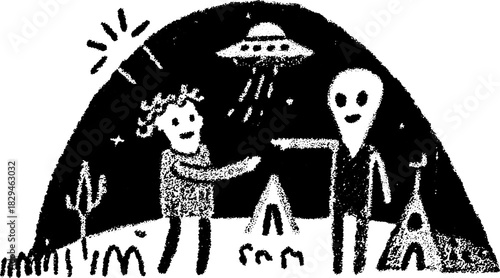 Silhouette illustration of a child and alien shaking hands. Hand-drawn in black outline style, featuring a tent and a UFO. Vector art.
