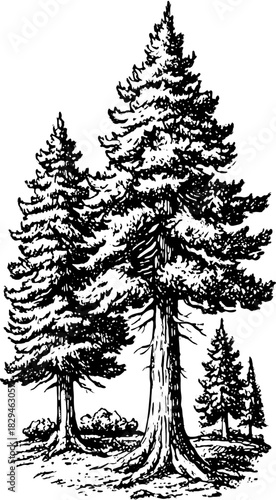 Pine trees illustrated in a sketch style. Black and white vector illustration of a natural landscape featuring tall, dense conifers in a scenic view.