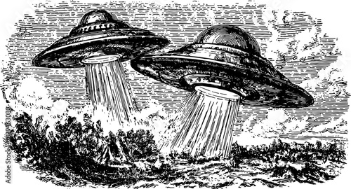 Engraving of UFOs with beams landing in a retro setting. Antique black and white vector illustration depicting nature and mystery.