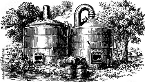 Antique engraving of brewery tanks and casks. Detailed black and white vector illustration showcasing rustic industrial equipment set.