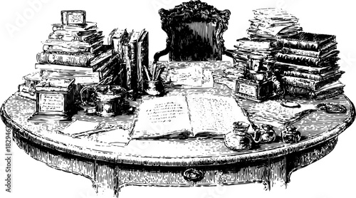Antique engraving of a classic writing desk set with stacked books, notes, and a cup, showcasing a vintage workspace design in black line drawing vector illustration.