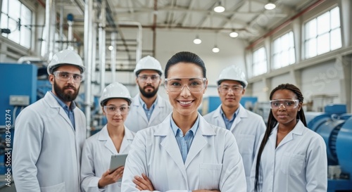 Smiling team of professionals in whitecoats and safety equipment