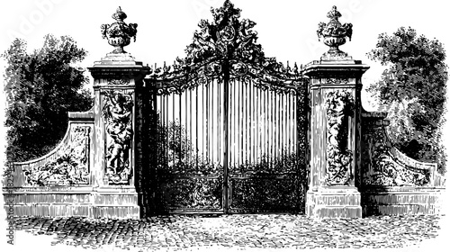 Ornate iron gate with elaborate architectural details and vintage decoration. Classic black and white vector illustration.