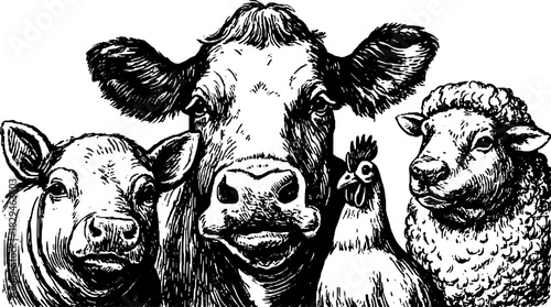 Cow, pig, sheep, and chicken heads in a handdrawn set. Black and white farm animal vector illustration in vintage sketch style.