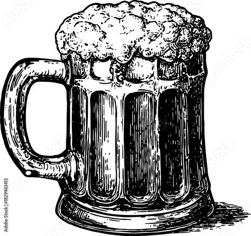Beer mug with foam in black and white vintage sketch style. Detailed handdrawn vector illustration for menu or pub design.
