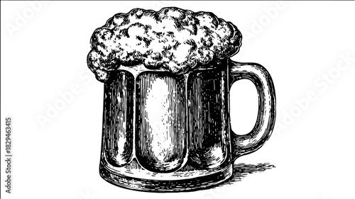 Beer mug with foam in vintage engraving style. Detailed black and white illustration. Classic beer vector for bar or pub.