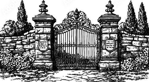 Vintage black and white outline drawing of an ornate gate. Detailed vector illustration set in a classic garden with grass and flowers.
