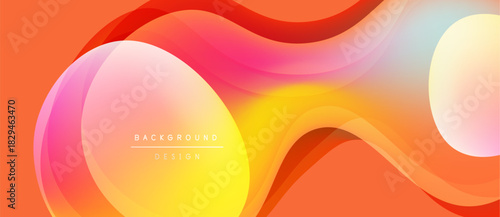 Fluid shapes blend, creating vibrant orange, yellow, pink gradients. Modern design evokes energy, movement, soft textures. Background features text elements.