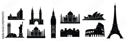 twelve famous world landmarks silhouettes isolated on white