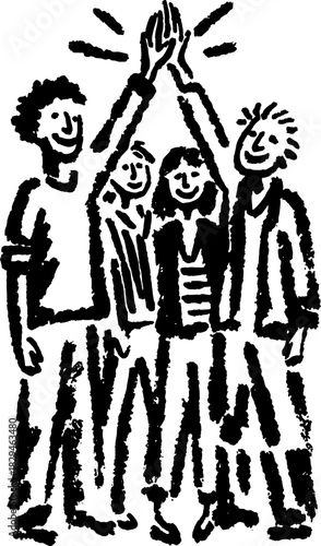 Group of people celebrating teamwork with high fives. Simple black and white vector illustration showing unity and support in a positive context.