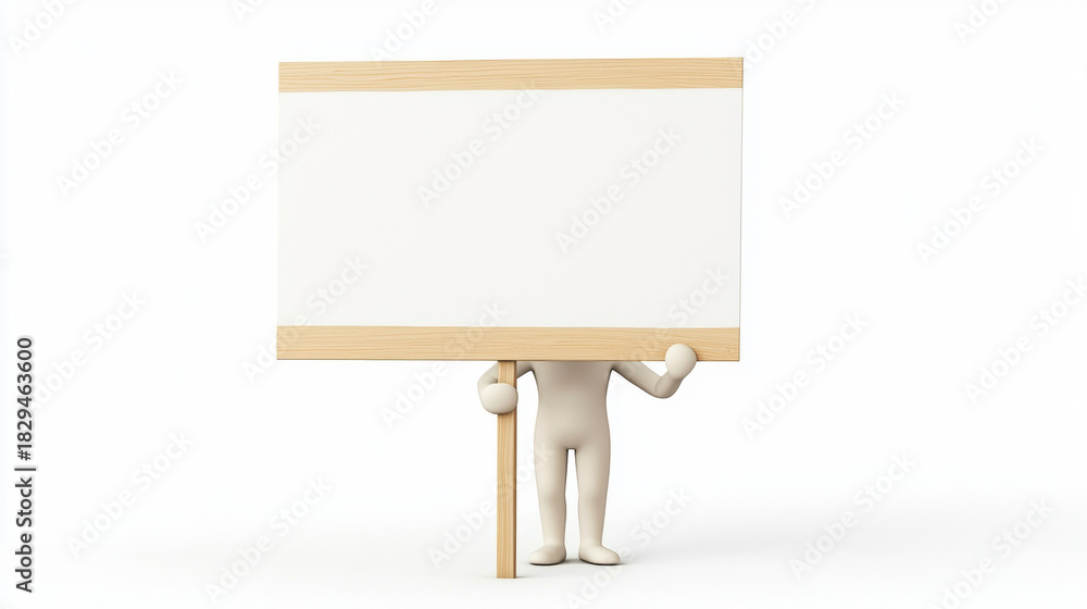 Obraz premium Neutral figure holding large blank white sign. character with an empty board for your message or advertising