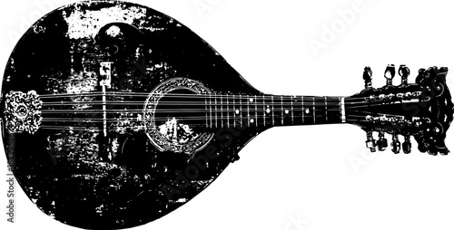 Mandolin instrument vector illustration. Detailed black and white design showcasing vintage craftsmanship with ornate elements in a simple set.
