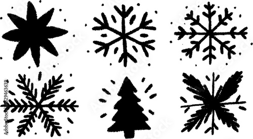Black snowflakes, stars, and a tree in a simple vector illustration set. Decorative winter elements for various design projects.