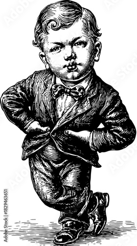 Antique engraving of a dapper male character. The hand-drawn portrait features a formal outfit with a bowtie in a detailed vector illustration.