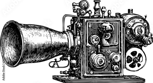 Vintage cinema projector with mechanical details in black and white. Antique film equipment vector illustration.