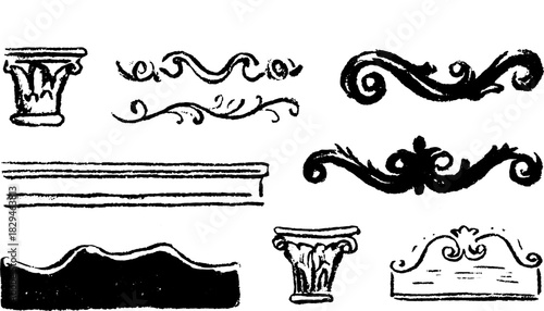 Hand-drawn silhouettes of decorative elements in black. Outline illustrations feature vintage styles, presented as a vector set for various design uses.