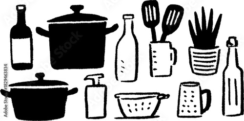 Kitchen tools and utensils set. Black vector illustration featuring pots, bottles, spatula, cup, and plant in minimal flat design.