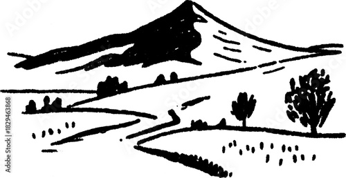 Landscape vector illustration featuring a mountain with trees in black and white. Simple design depicting rural outdoor scenery.