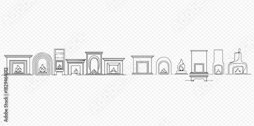 Line art illustration set of various fireplace designs, including classic, modern, and arched styles, with and without visible flames, on a transparent background.