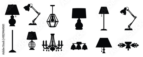 various lamp silhouettes isolated on white background 