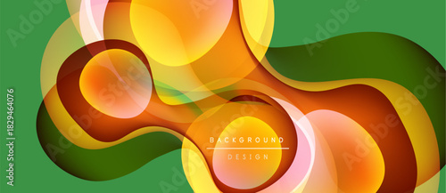 Abstract fluid shapes overlap, creating vibrant color gradients. Green background complements orange, yellow hues. Modern design element.
