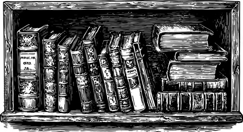 Vintage books on a shelf in an engraved style. Black and white outline drawing set. Vector illustration captures classic literature and history.