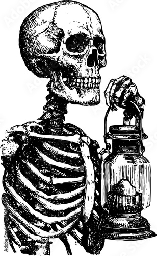 Skeleton holding a lantern in black and white outline. Vintage vector illustration with engraving style detail.