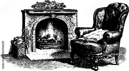 Antique engravings of a cozy room featuring an ornate fireplace and elegant chair. Vintage furniture vector illustration showcases intricate details.