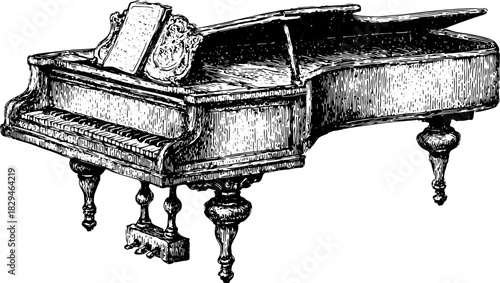 Vintage grand piano illustration. Elegant wooden instrument with intricate detail, ideal for music-themed vector designs.