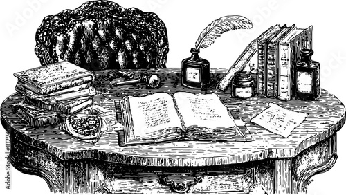 Antique engraving vector illustration of a desk set with books, ink, and a quill. Vintage-style artwork reflects classic literature design.