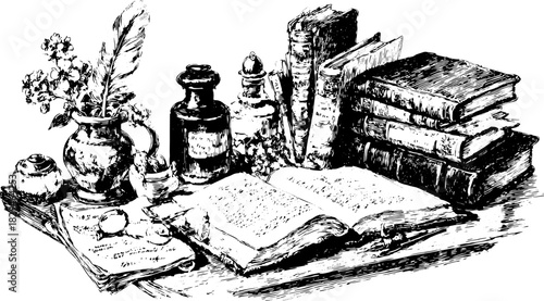 Engraving of classic literature and writing tools on a table, including books and a flower pot. Vintage vector illustration set.